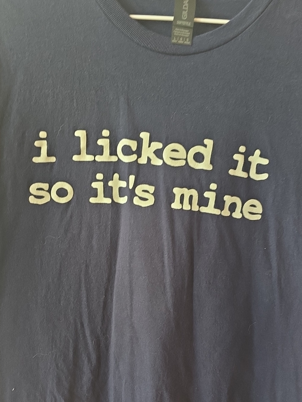 Gildan Navy Short Sleeve Tee with White 'i licked it so it's mine' Text